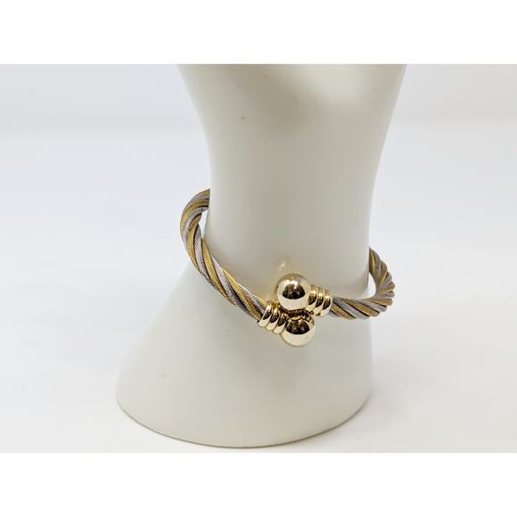 Silver Gold Tone Adjustable Steel Twisted Cable Cuff Bangle Bracelet Ring Set - Picture 5 of 8